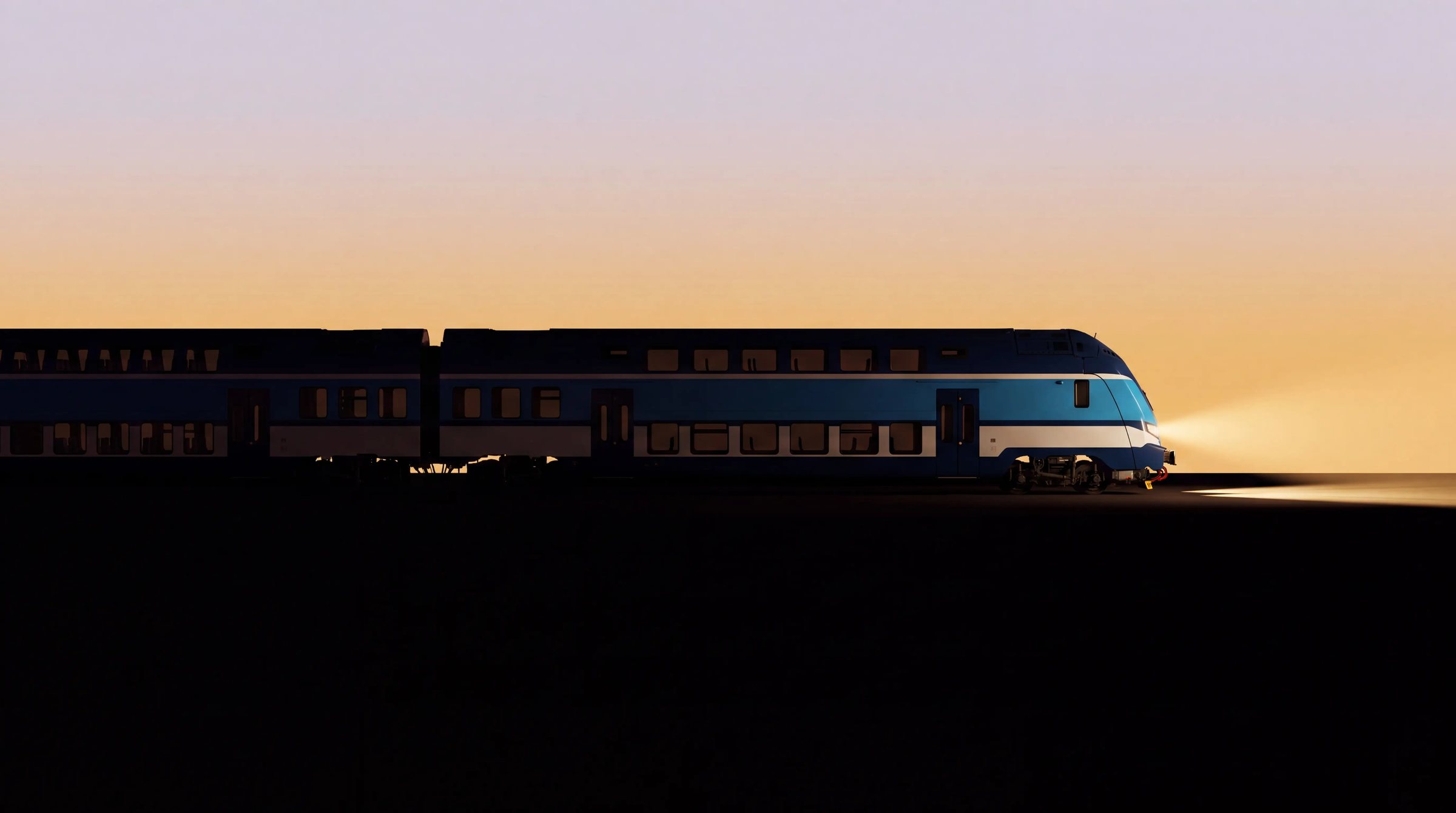A rail vehicle in clean livery at dusk